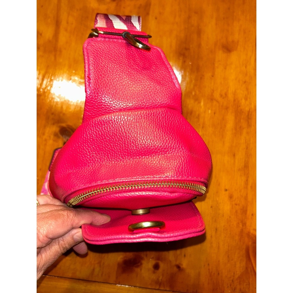 Pink Pebbled Vegan Leather Sling Bag Zebra Guitar Strap Crossbody Backpack Y2K - Picture 10 of 13
